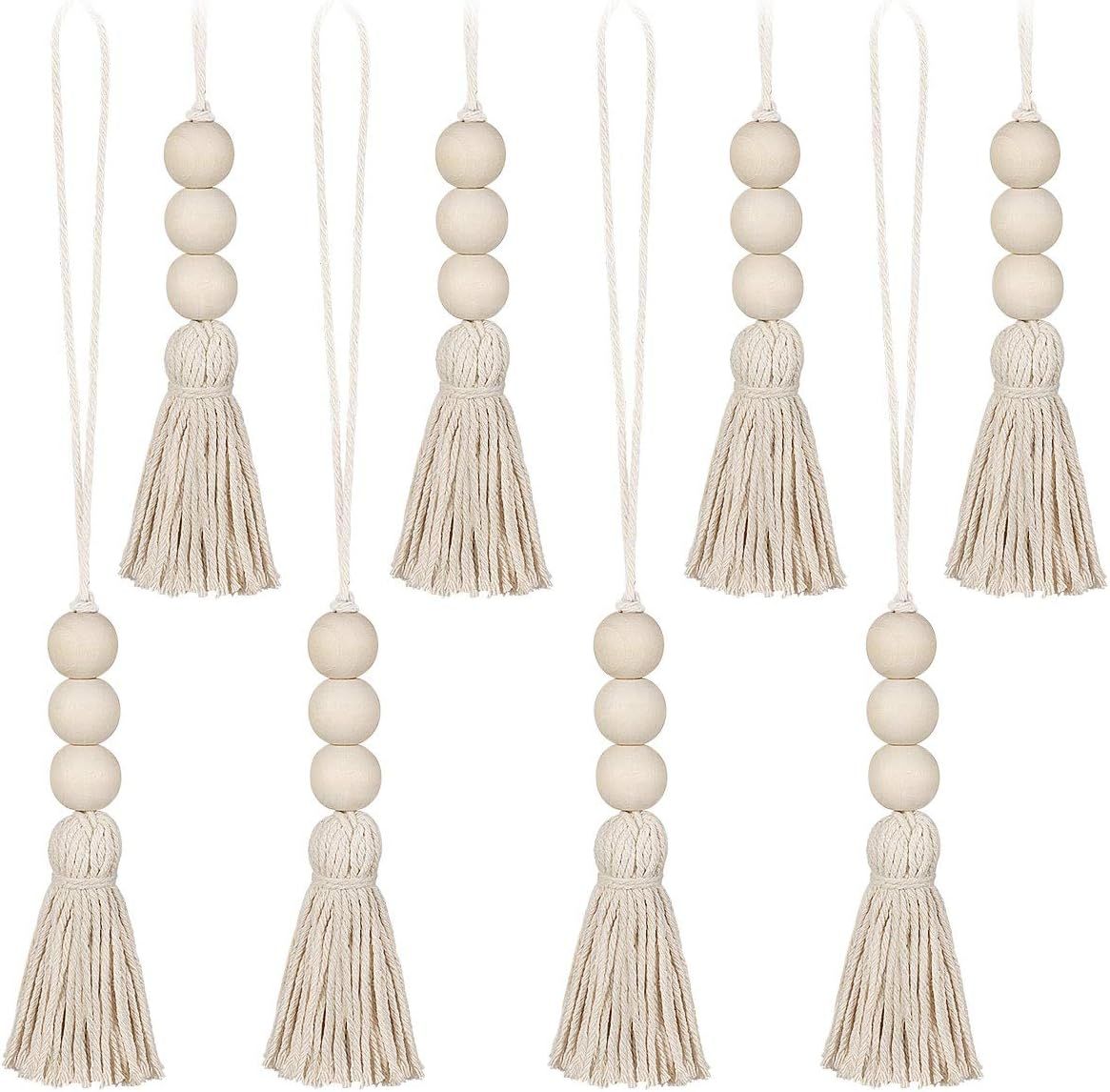 Wood Bead Garland,Farmhouse Tassels Beads, Rustic Country Decor Prayer Beads for Home Door Knob Christmas Decoration (8pack)