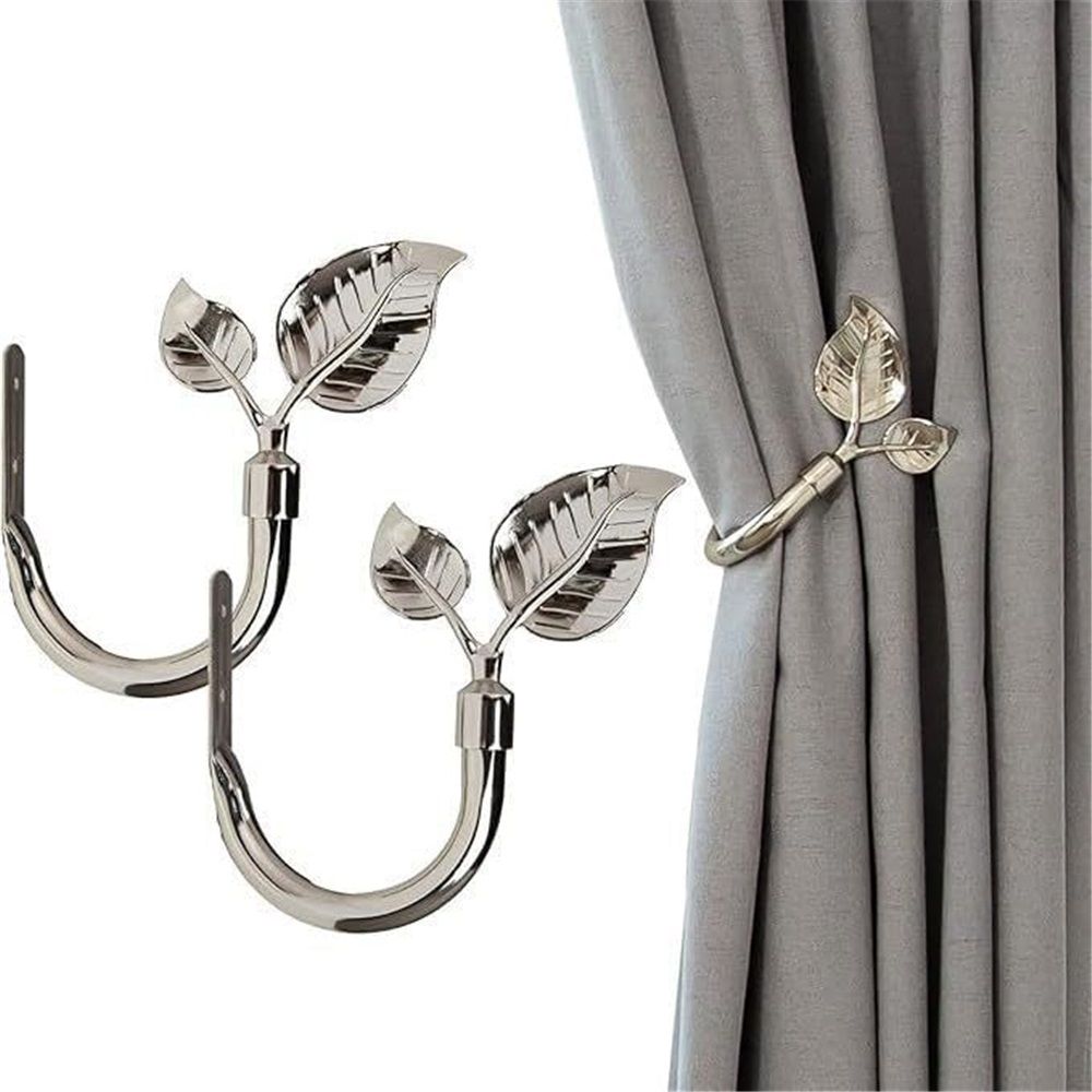 Leaf Shaped Curtain Holdbacks 2pcs, Handmade Metal Curtain Side Holders for Wall, Curtain Tieback Hook Pull Backs for Drapes Window Home Decoration(Bright nickel)