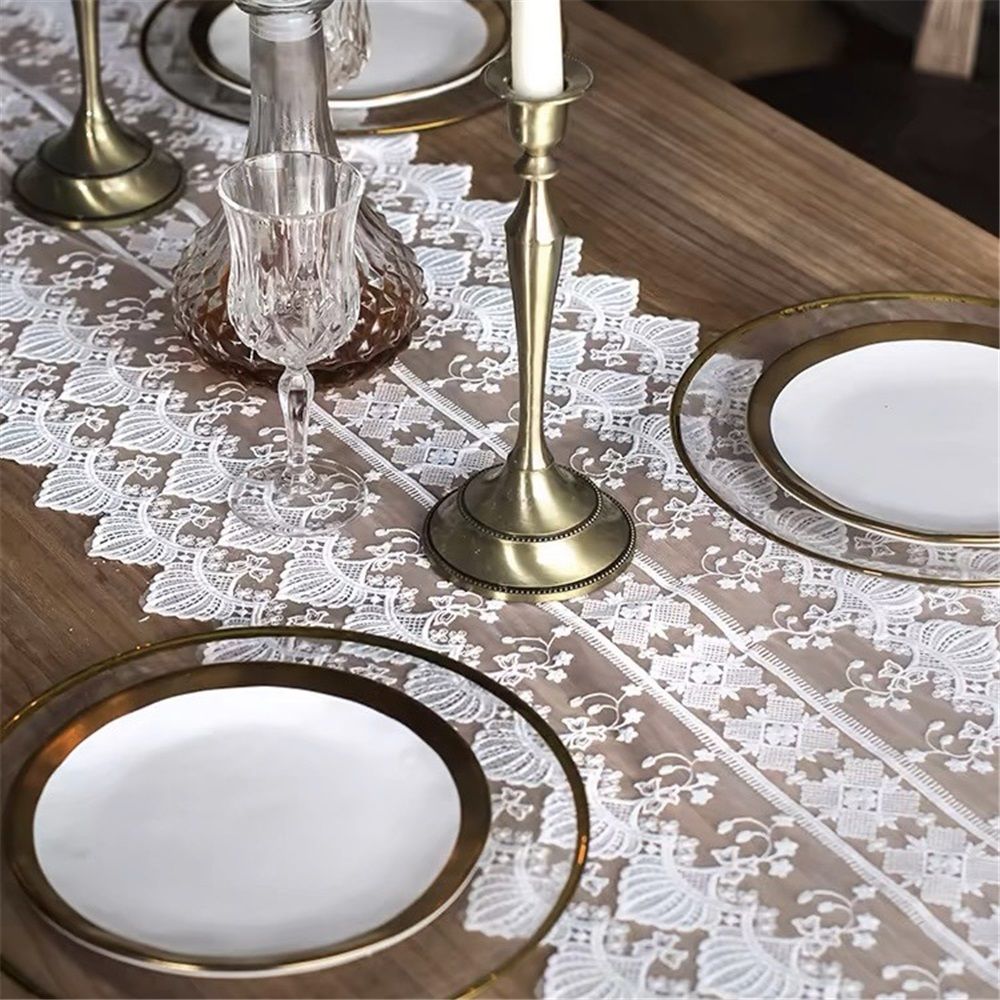 White lace exquisite rectangular dining table scarf elegant dress scarf simple and chic rural decoration home kitchen festival wedding party living room (white, 35*180cm)
