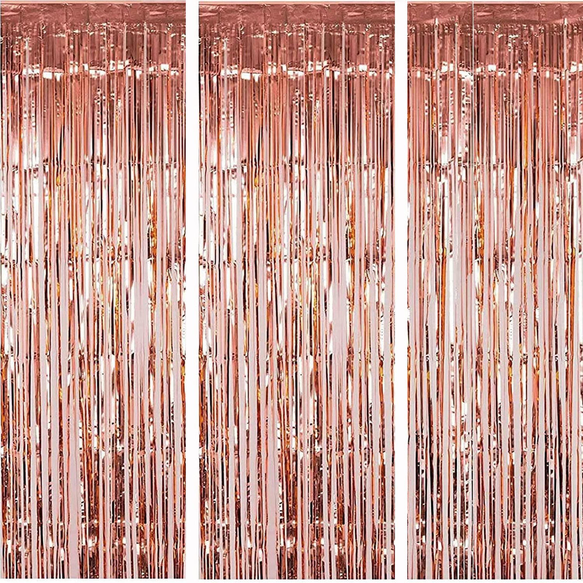 Rose Gold Christmas Foil Fringe Curtains Christmas Party Decoration, 3 Pcs 3.3ft x6.6ft Photo Booth Backdrop, Streamers Backdrop for Bachelorette Graduation Wedding Birthday