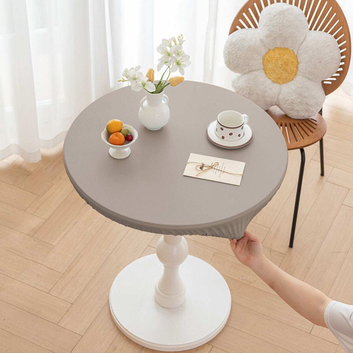 Round Fitted PU Tablecloth with High Elastic Edge 35 Inch Dia Waterproof Oil Proof Table Cloth Anti-Scald Stain-Resistant Wipeable Table Cover for Indoor Outdoor Picnic (Grey,35" Dia,Only tablecloth)