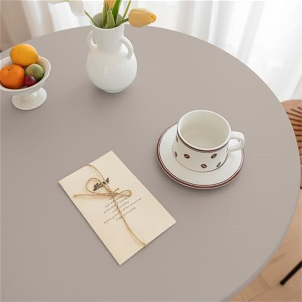 Round Fitted PU Tablecloth with High Elastic Edge 35 Inch Dia Waterproof Oil Proof Table Cloth Anti-Scald Stain-Resistant Wipeable Table Cover for Indoor Outdoor Picnic (Grey,35" Dia,Only tablecloth)