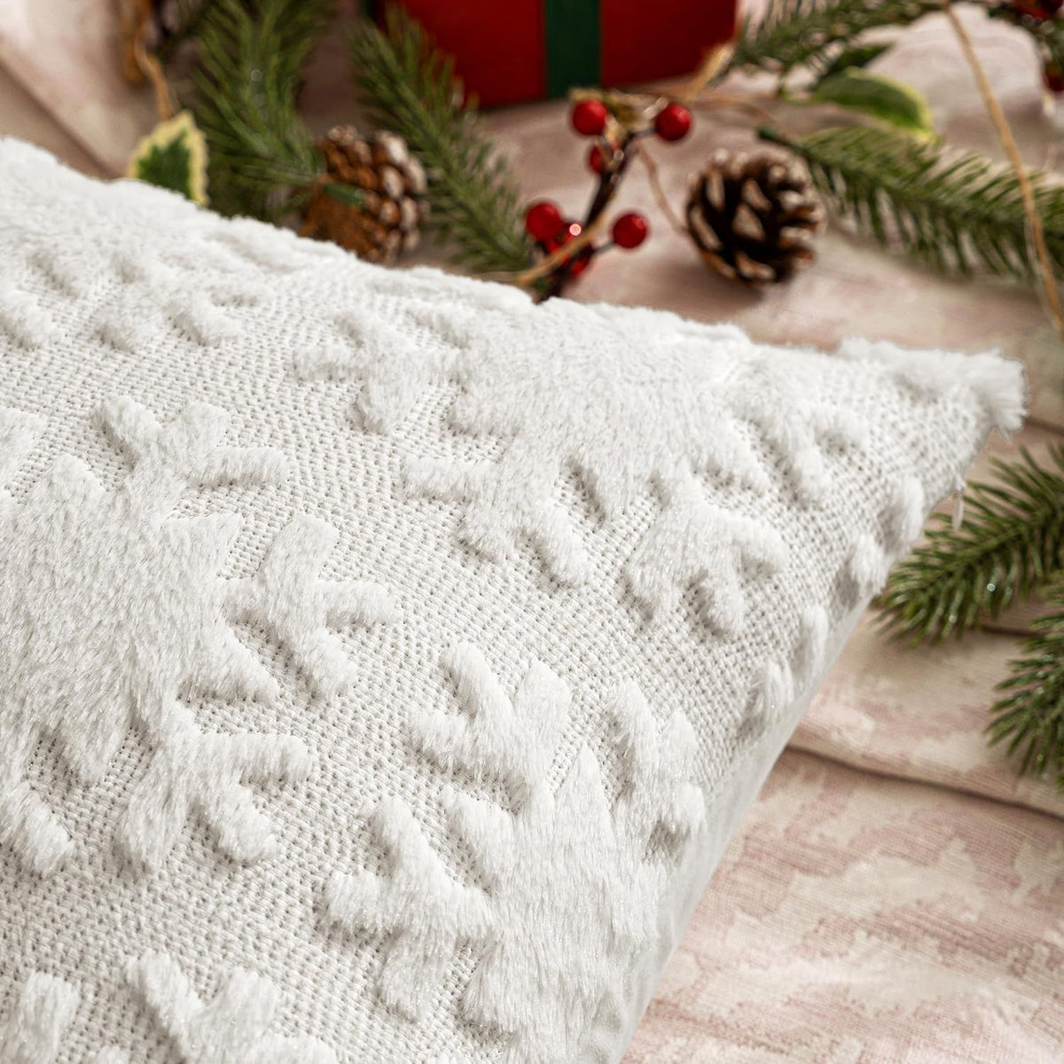 Christmas Snowflake Decorative Throw Pillow Covers Set of 2,Soft Fluffy Faux Wool Winter Holiday Couch Pillows for Farmhouse Boho Home Decor Sofa Bed Porch Living Room 18x18 Inch Pure White