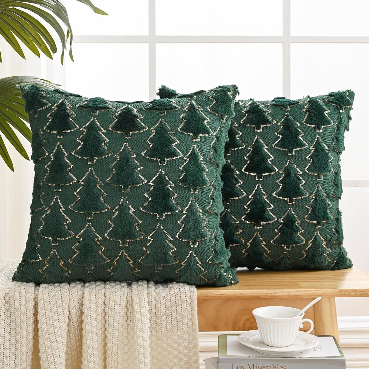 Dark Green Christmas Tree Decorative Throw Pillow Covers 18x18 Inch Set of 2, Soft Plush Faux Fur with Sparkling Sequin Design, Luxury Throw Pillowcases for Couch Holiday Festivals