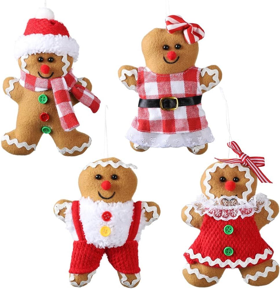 4Pcs Gingerbread Man Ornaments 5.7 Inch Tall for Christmas Tree Assorted Plush Stuffed Gingerbread Figurines Ornaments for Christmas Tree Hanging Decorations Holiday Xmas Season Home Decor Gifts