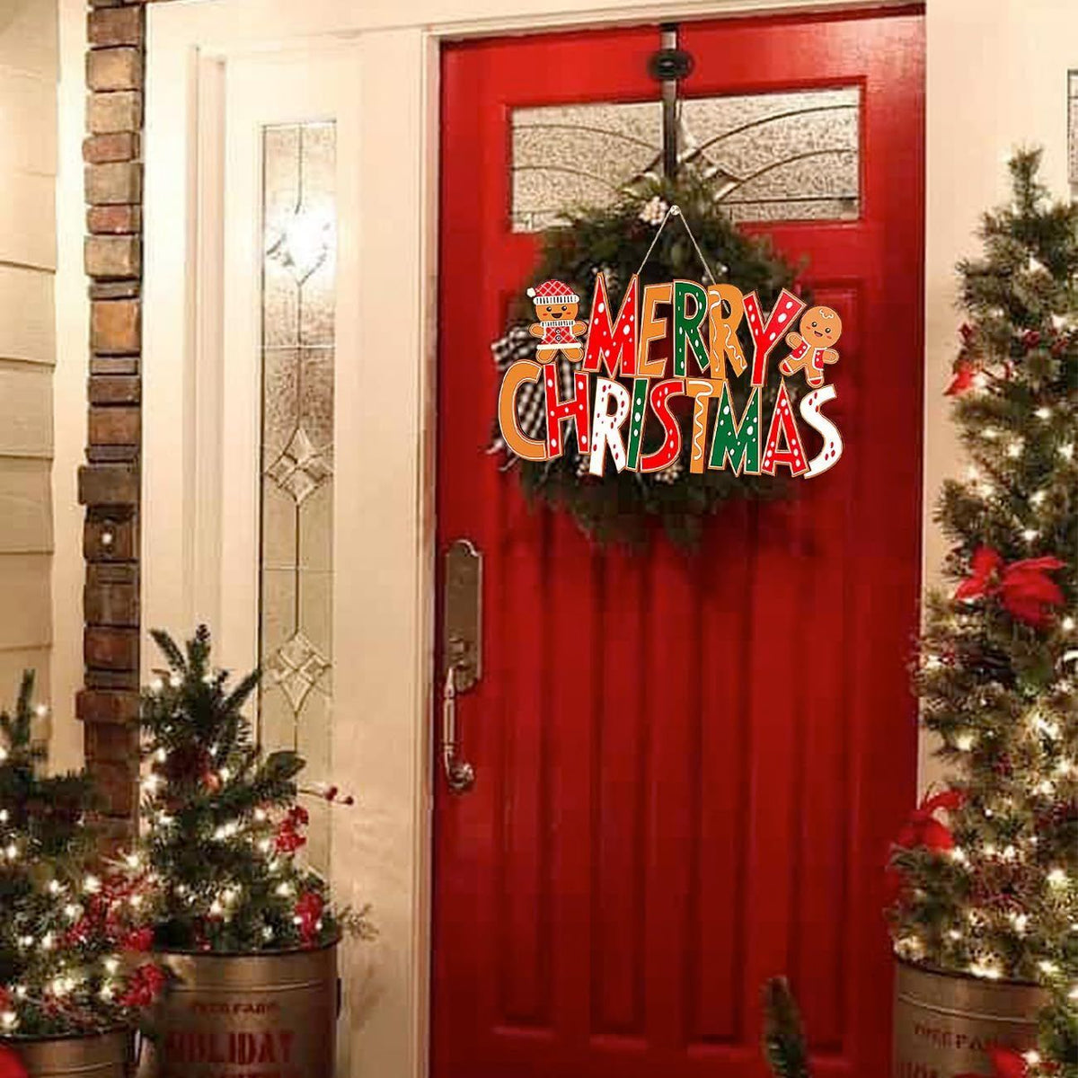Merry Christmas Door Decorations Gingerbread Man Wooden Sign Door Hanging Christmas Tree Ornament Xmas Front Door/Wall Decor Party Supplies