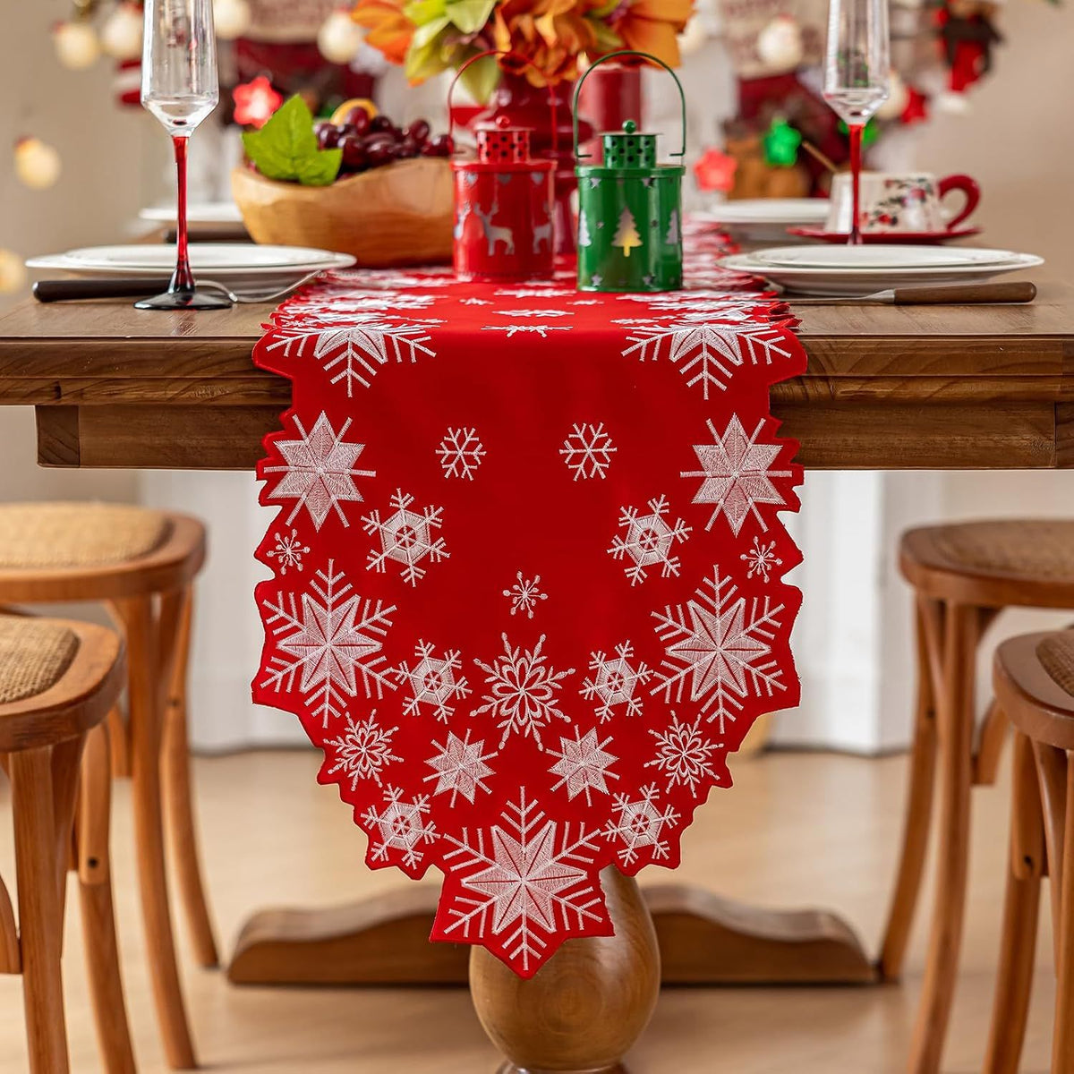 Christmas Red Table Runner 14 x 86 Inch, Cutwork Embroidered White Snowflake Table Runners, for Xmas Holiday Winter Festival Kitchen Dining Tabletop Decoration