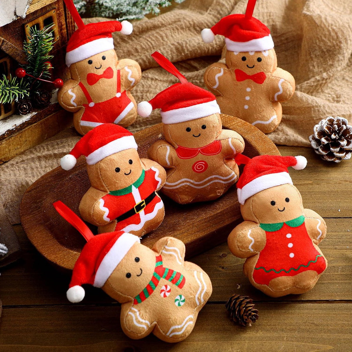 6 Pcs Mini Plush Christmas Gingerbread Man Ornaments for Christmas Tree Decoration Assorted 3.15" Gingerbread Figurines Ornaments Xmas Stocking Stuffers Gifts