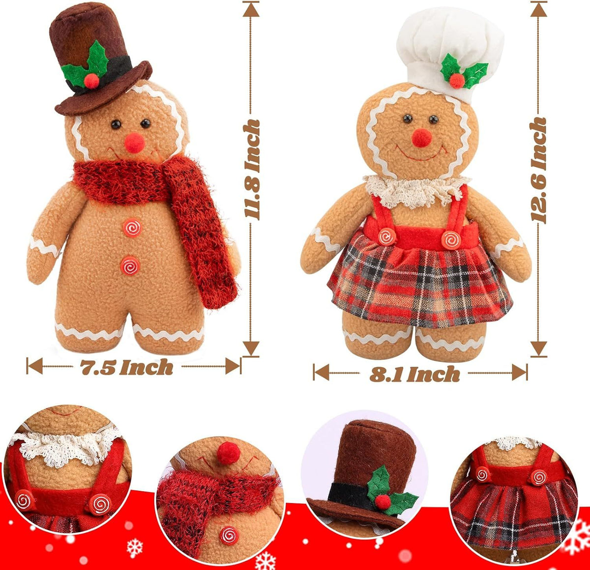 Christmas Decorations Indoor 12.6 inch Gingerbread Plush Ornaments Gingerbread Man Stuffed Animal Christmas Decor Gift for Kids Girls (Set of 2)
