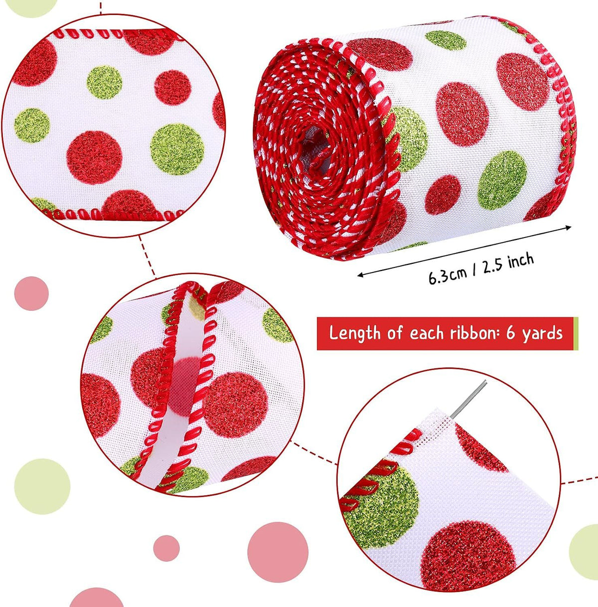2 Rolls Wired Ribbon Christmas Tree Burlap Ribbon Green Red Glitter Polka Dot Sparkly Christmas Tree Decoration DIY Bows Wreath(2.5 Inch X 6 Yard Per Roll,White Base)
