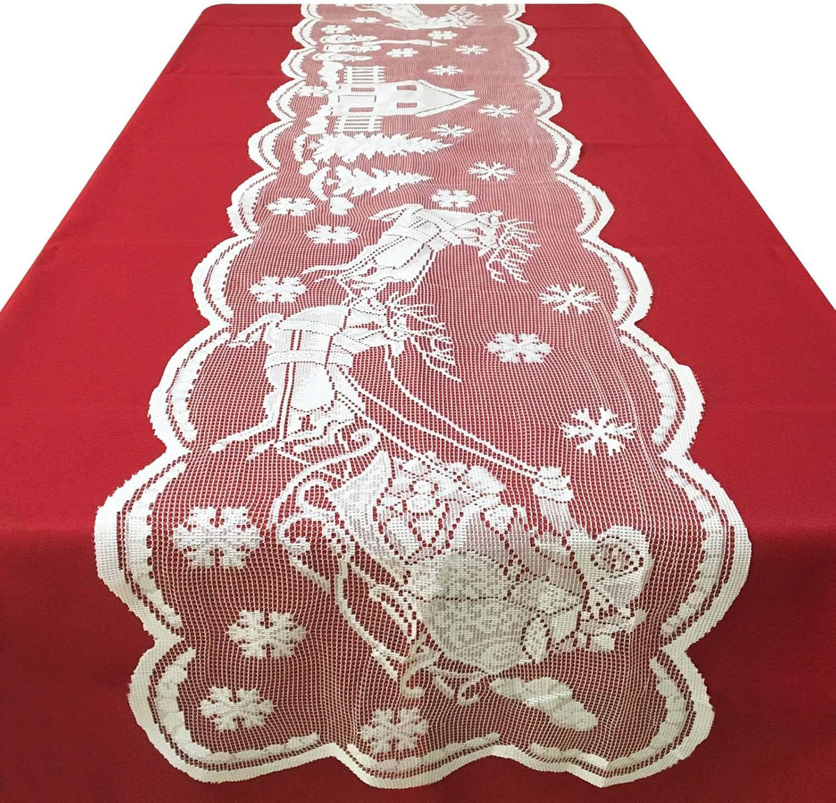 Christmas Table Runner 72 Inch - Lace Santa Reindeer Snowflake Table Runner for Christmas Table Decorations - White Xmas Table Runner for Winter Holiday Dining Room