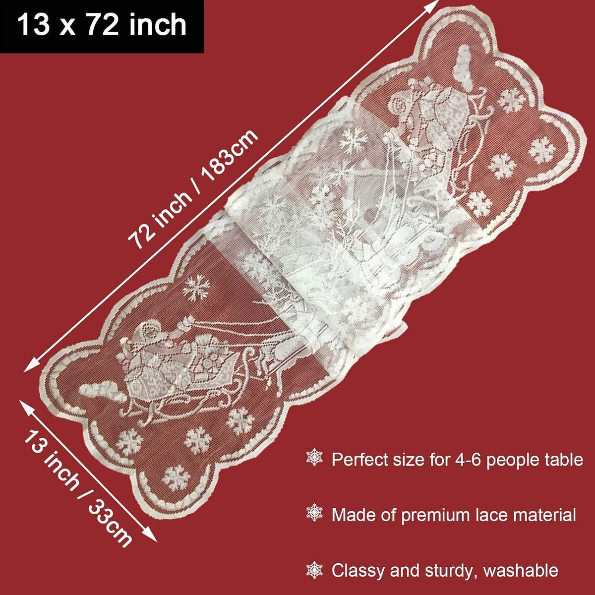 Christmas Table Runner 72 Inch - Lace Santa Reindeer Snowflake Table Runner for Christmas Table Decorations - White Xmas Table Runner for Winter Holiday Dining Room