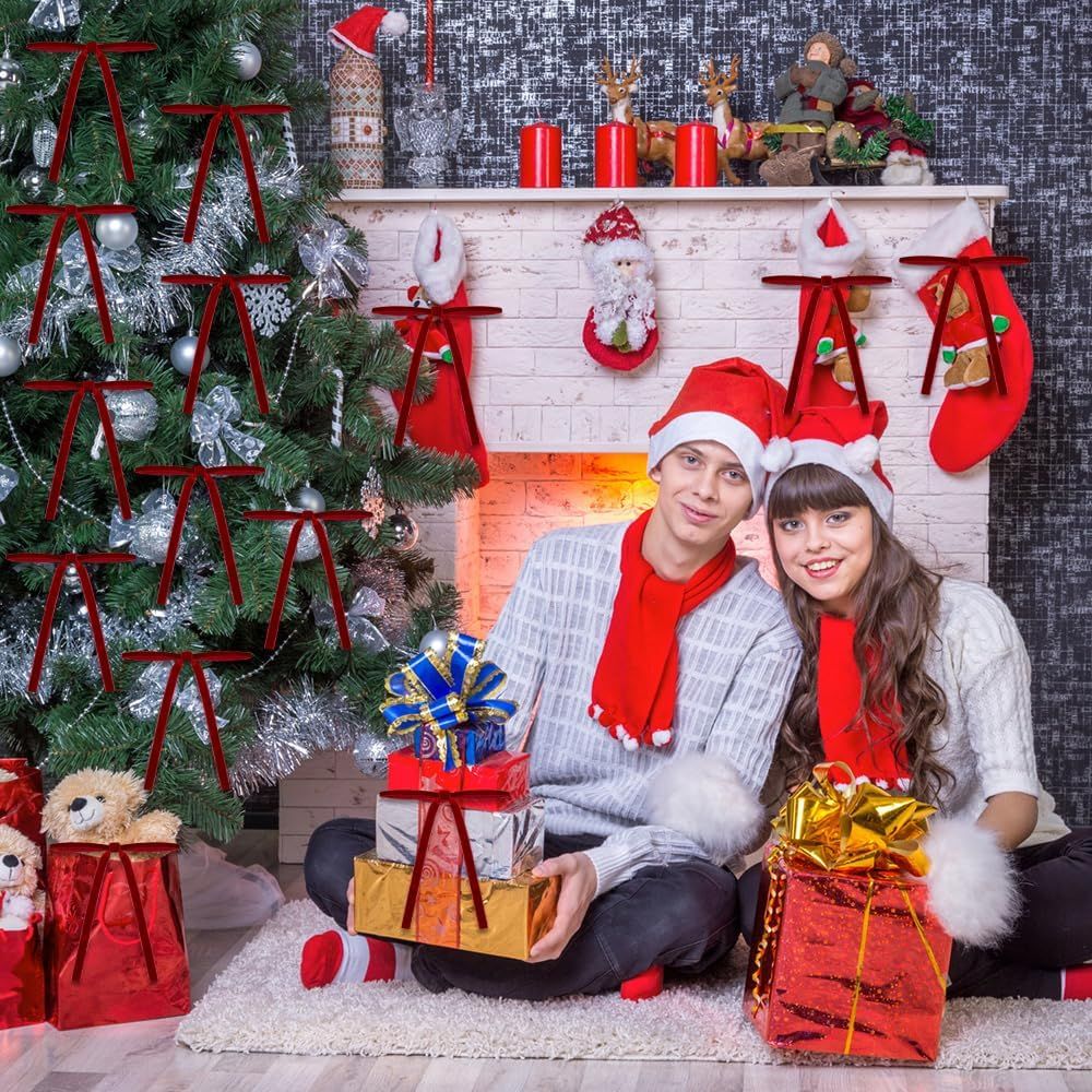 24PCS Christmas Bow Ornament 5 x 7 Inch Velvet Wreath Crafts Bows Xmas Tree Ribbon Hanging Bows Pendants for Christmas Holiday Home Outdoor Indoor Party Garland Decoration(red)
