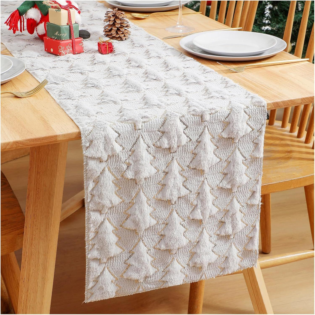 Christmas Tree Soft Plush Faux Fur Christmas Table Runner Winter Holiday Kitchen Dining Table Decoration for Home Party Decor (White, 13X72 Inch)