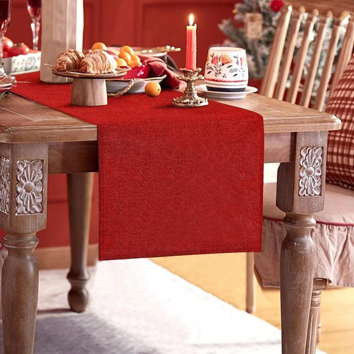 Christmas Table Runner, 14 x 72 Inches Red Table Runner Rustic Burlap Christmas Runner for Xmas, Valentine's Day, Wedding, Home Indoor Outdoor Dinner Party Decorations