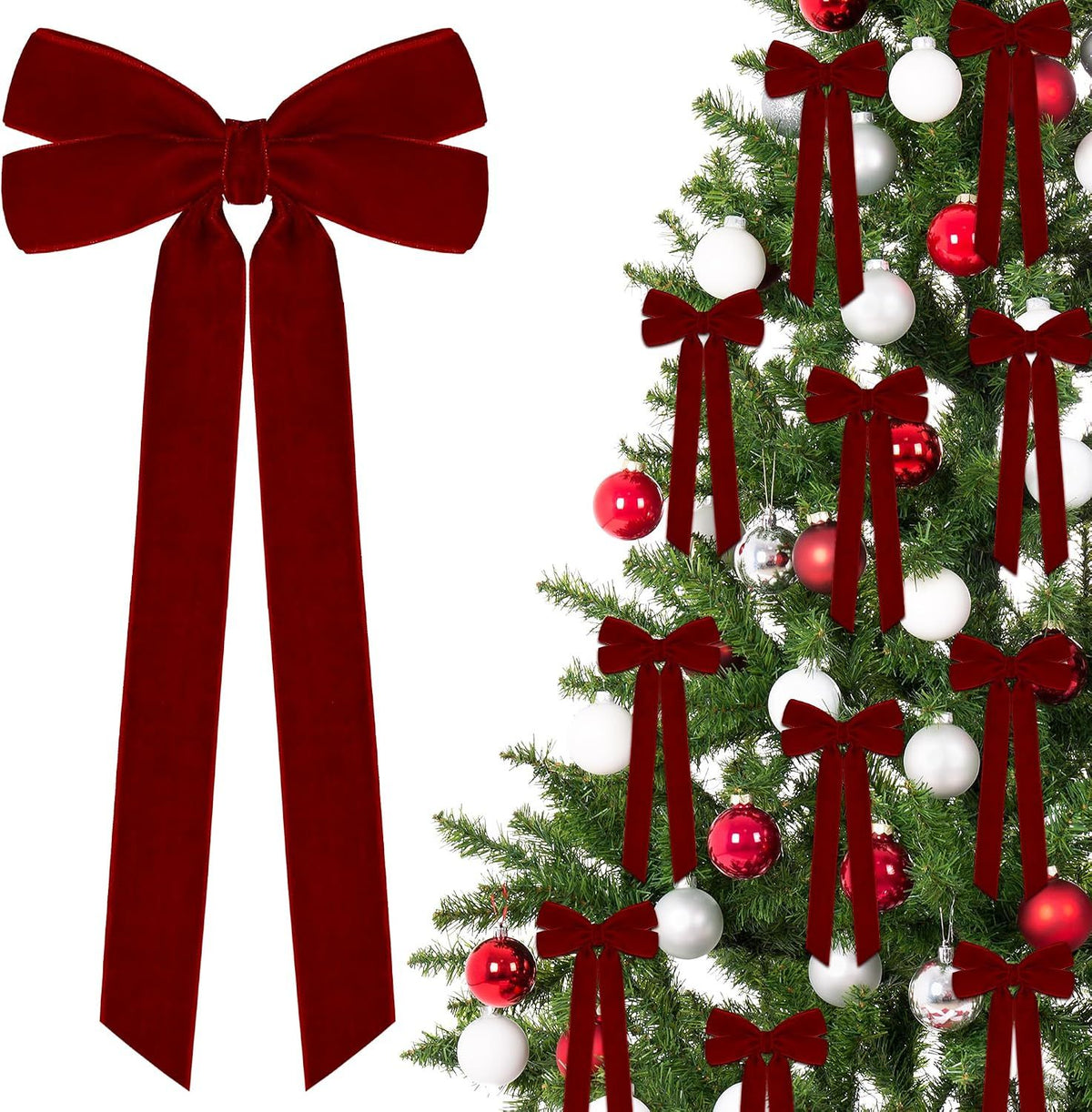 12Pcs 5in X 10in Burgundy Velvet Ribbon Bows Christmas Tree Decorations, Xmas Ornaments Vintage Christmas Decor for Tree Home Party Front Door VintageWreath Holiday Decor