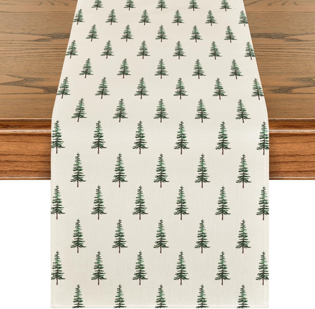 Beige Xmas Tree Christmas Table Runner, Seasonal Winter Kitchen Dining Table Decoration for Home Party Decor 13x48 Inch