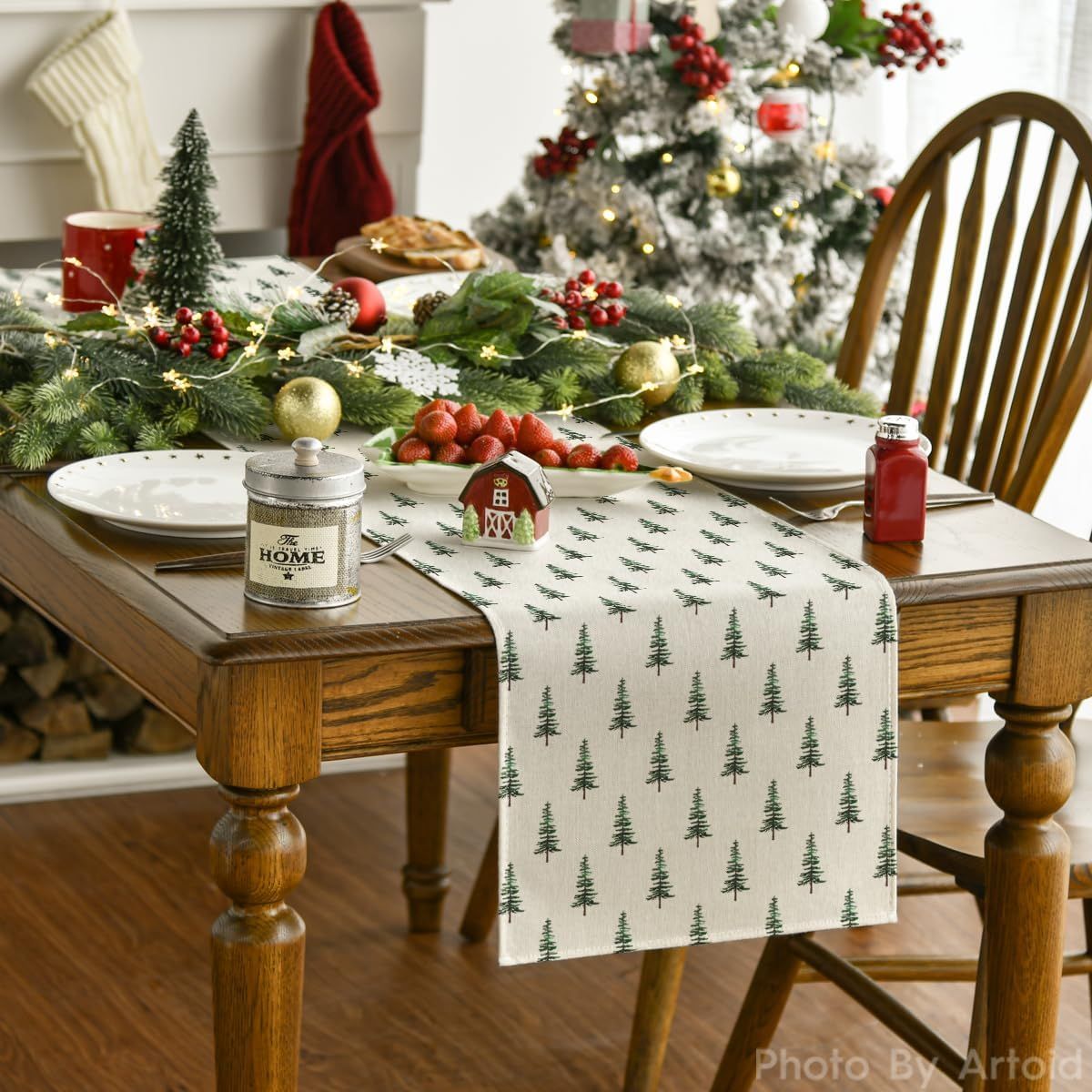 Beige Xmas Tree Christmas Table Runner, Seasonal Winter Kitchen Dining Table Decoration for Home Party Decor 13x48 Inch