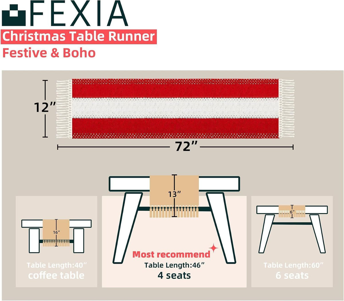 Boho Red Table Runner for Holiday Decoration 72 Inches Long Red & Cream Christmas Table Decor for Home Party (13x72 Inches)