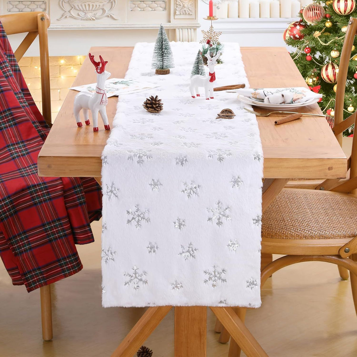 White Fur Table Runner Silver Snowflakes Christmas Table Runner, Winter Xmas Holiday Kitchen Dining Table Decoration Indoor Outdoor Party Decor 13 x 48 Inch