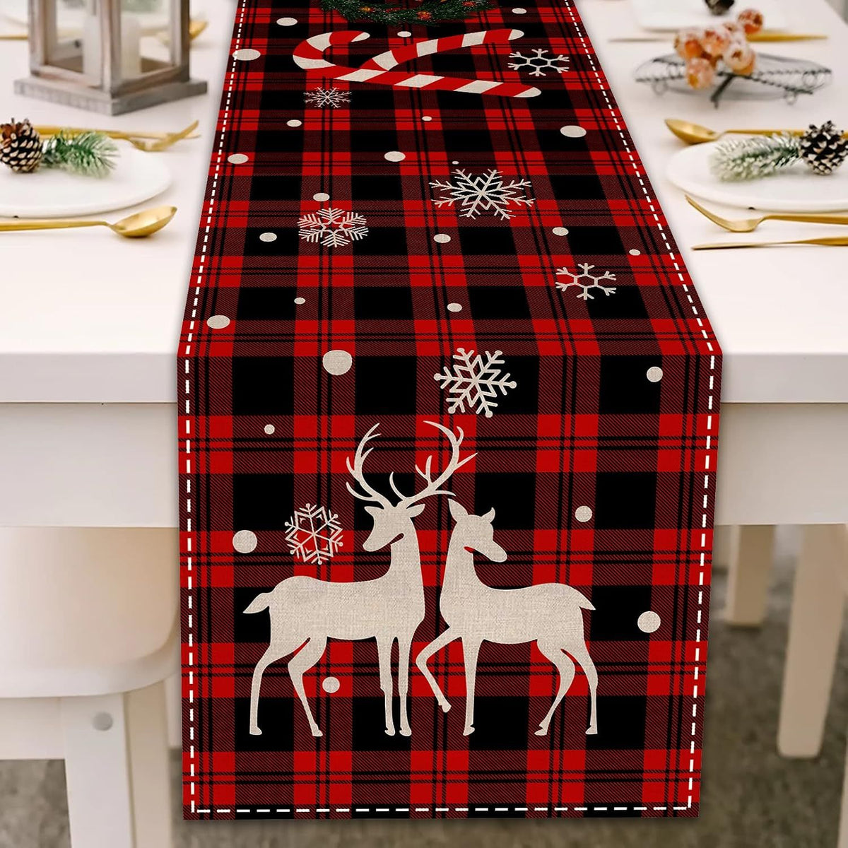 Buffalo Plaid Christmas Table Runner 13" x 72" Long Linen Xmas Reindeer Table Runner Christmas Decoration, Joy