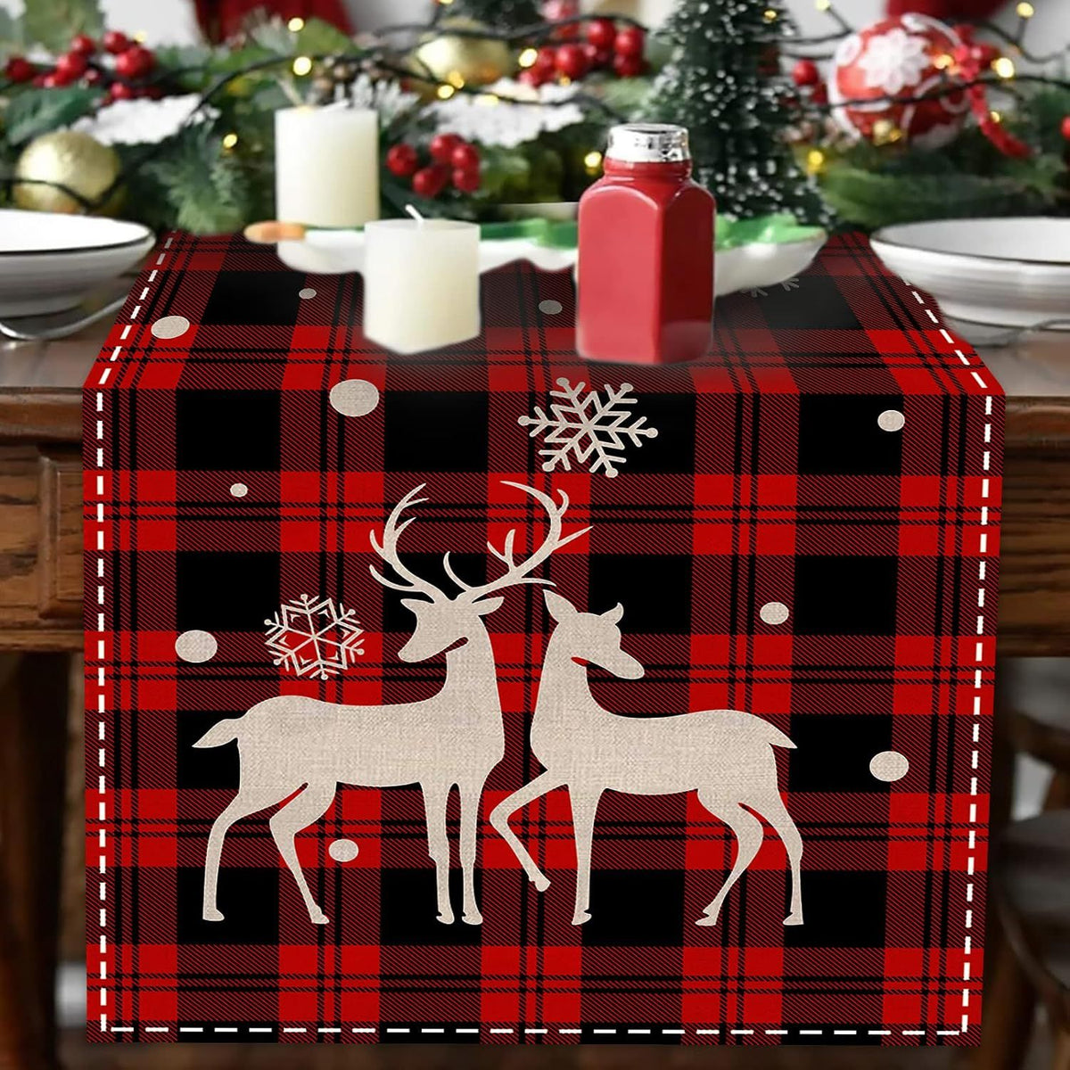 Buffalo Plaid Christmas Table Runner 13" x 72" Long Linen Xmas Reindeer Table Runner Christmas Decoration, Joy