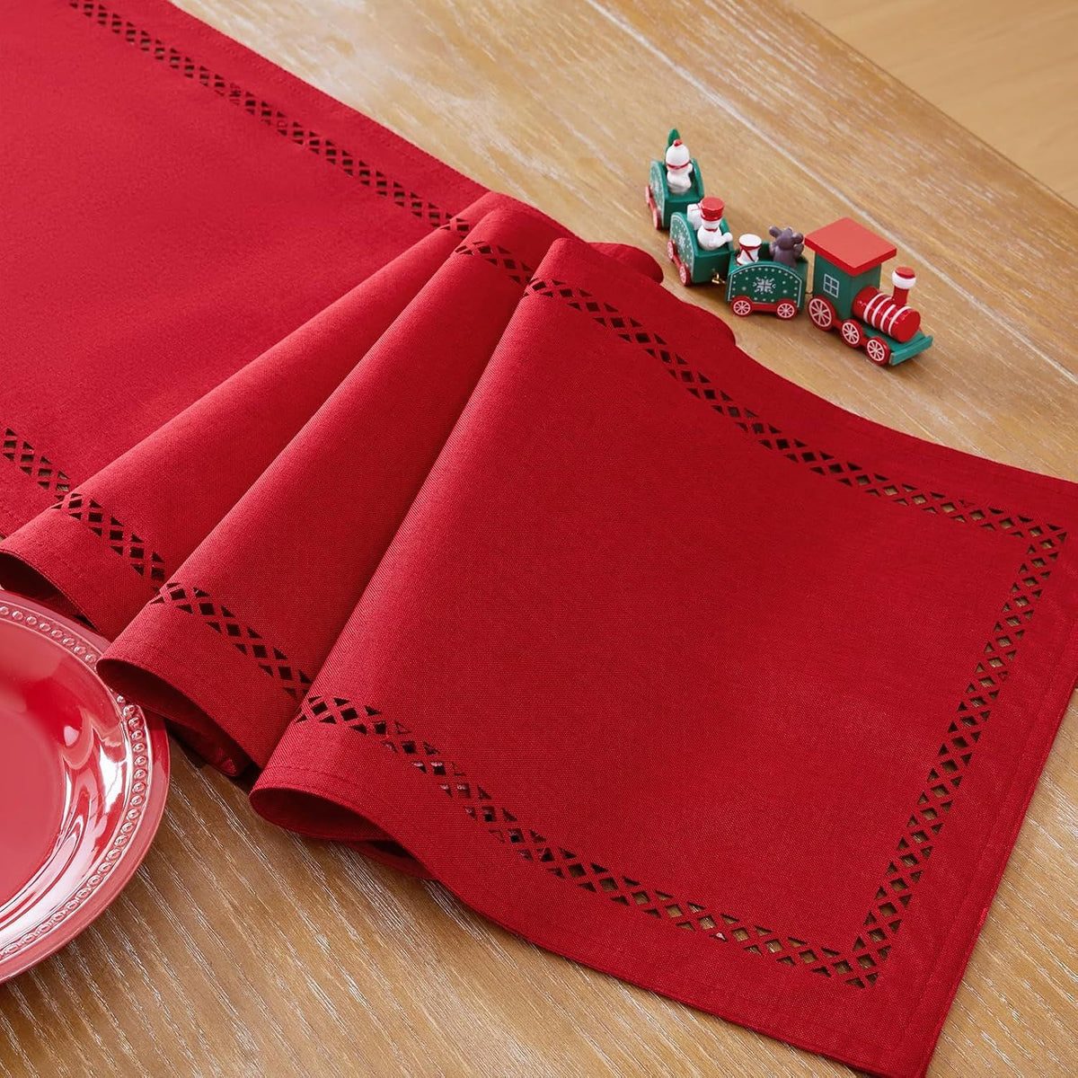Burlap Style Farmhouse 13 x 90 Inch Red Table Runner, Rustic Geometric Hollow Christmas Table Runners 90 Inches Long for Winter Christmas Party Decorations, 13x90 Inches, Red