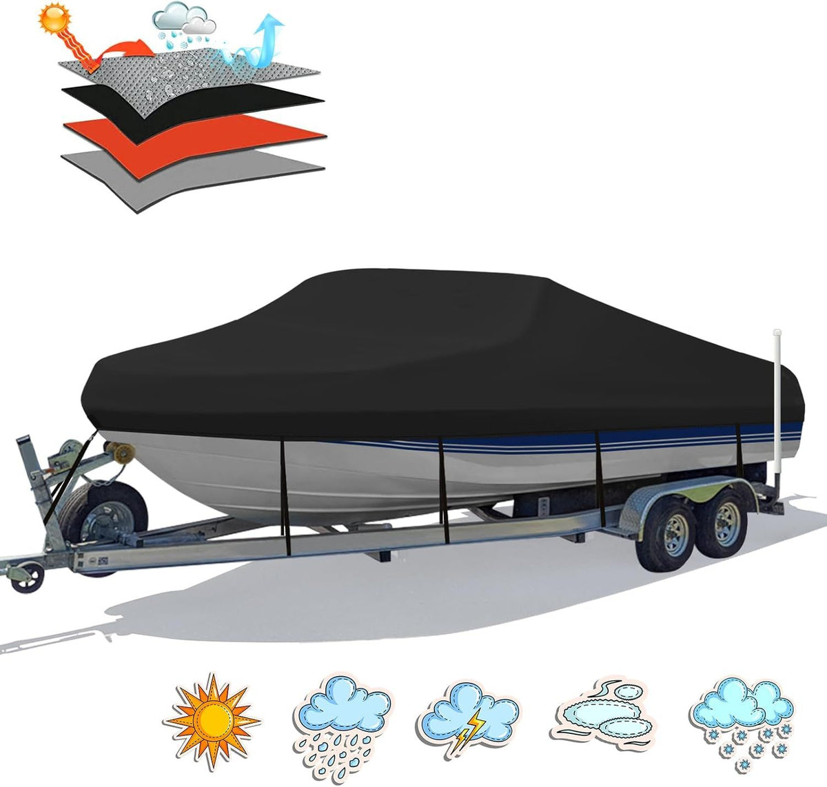 Trailerable Boat Cover – 600DHeavy Duty Waterproof Tarp with Storage Bag, Designed for V-Hull, Fish & Ski, Runabout, Bass & Fishing Boats,23-25FTSilver