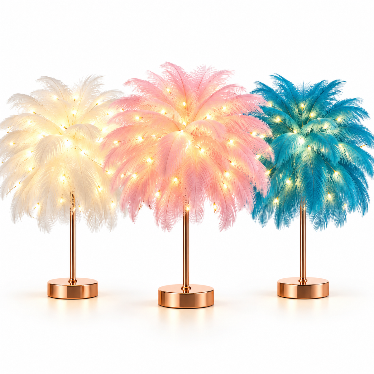 Ostrich Feather Table Lamp Pink, 80 Hand-Woven Natural Feathers, 3 Colour Temperature Touch Dimming, USB Rechargeable LED Bedside Lamp with Gold Metal Base