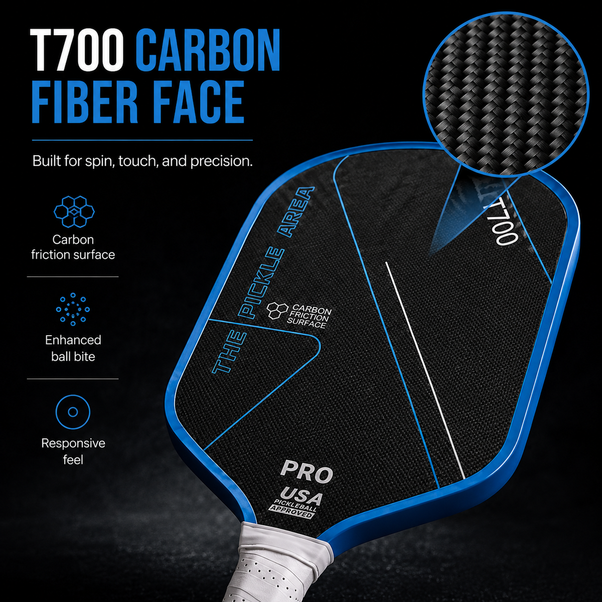 T700 Carbon Fiber Pickleball Paddle, USAP Approved Racket with Carbon Friction Surface for Spin, Control & Power – Pink