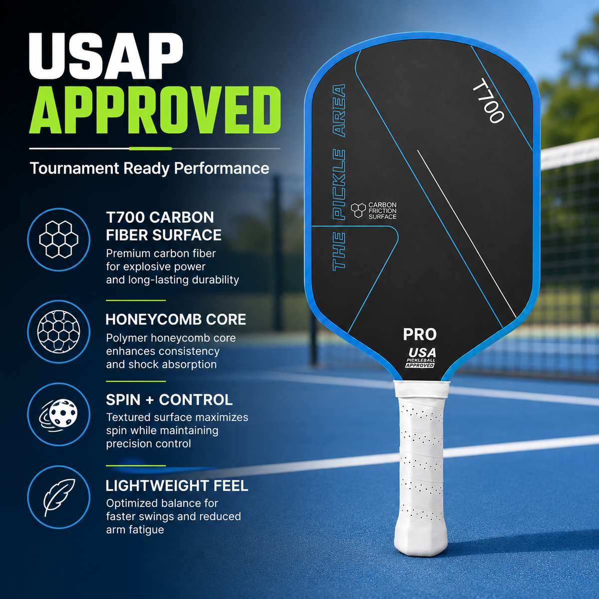T700 Carbon Fiber Pickleball Paddle, USAP Approved Racket with Carbon Friction Surface for Spin, Control & Power – Orange