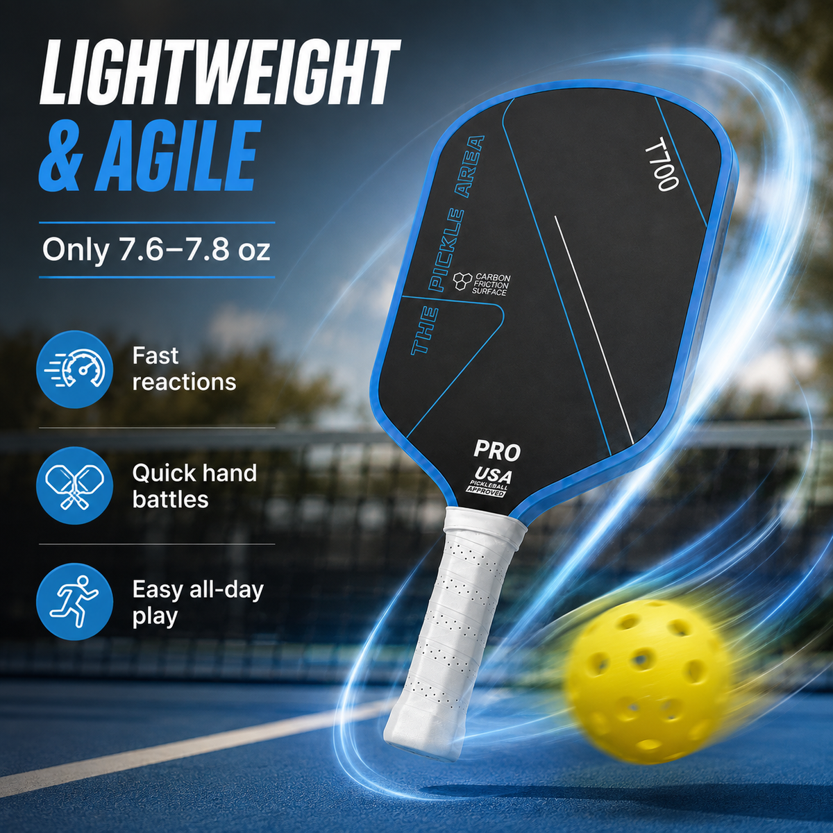 T700 Carbon Fiber Pickleball Paddle, USAP Approved Racket with Carbon Friction Surface for Spin, Control & Power – Hot Pink