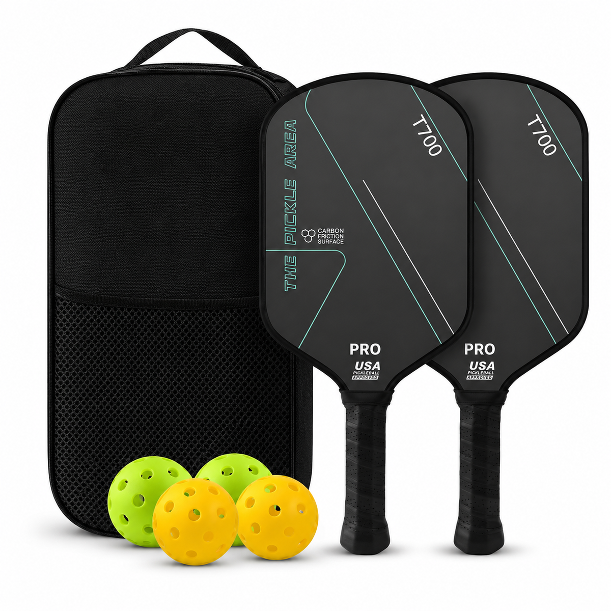 Pickleball Paddles Set of 2, USAP Approved T700 Carbon Fiber Pickleball Rackets with 4 Balls & Carry Bag – Black