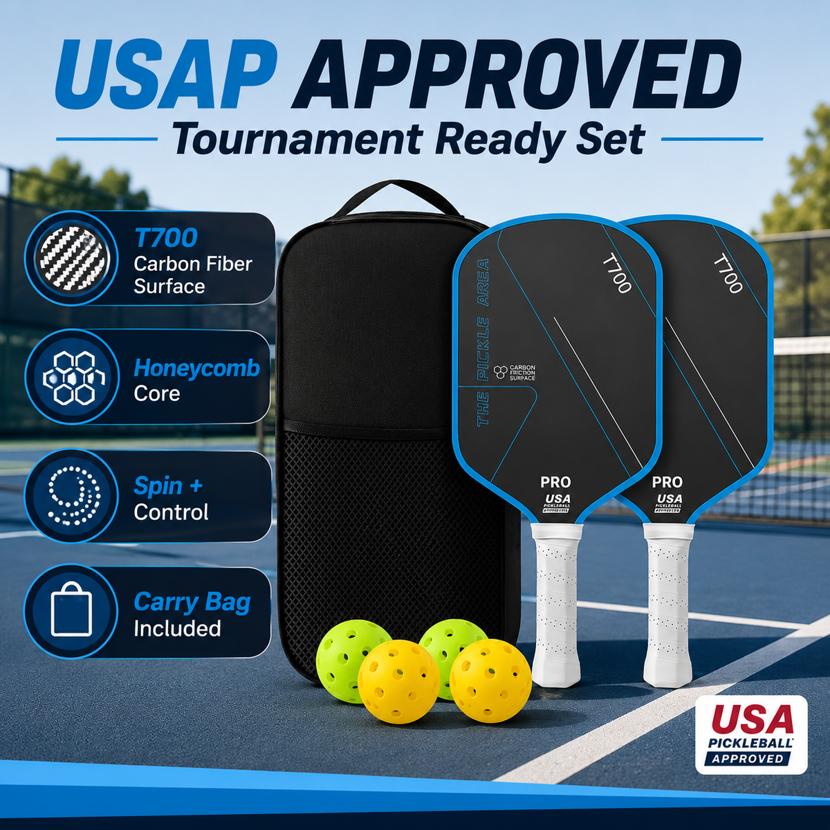 Pickleball Paddles Set of 2, USAP Approved T700 Carbon Fiber Pickleball Rackets with 4 Balls & Carry Bag – Black