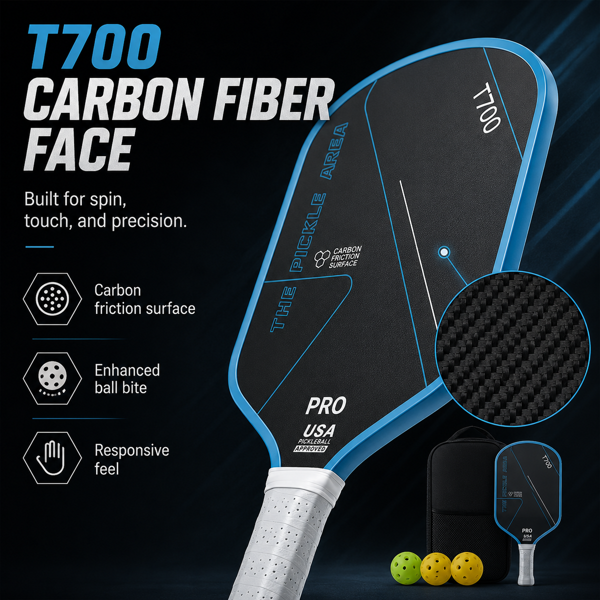 Pickleball Paddles Set of 2, USAP Approved T700 Carbon Fiber Pickleball Rackets with 4 Balls & Carry Bag – Black