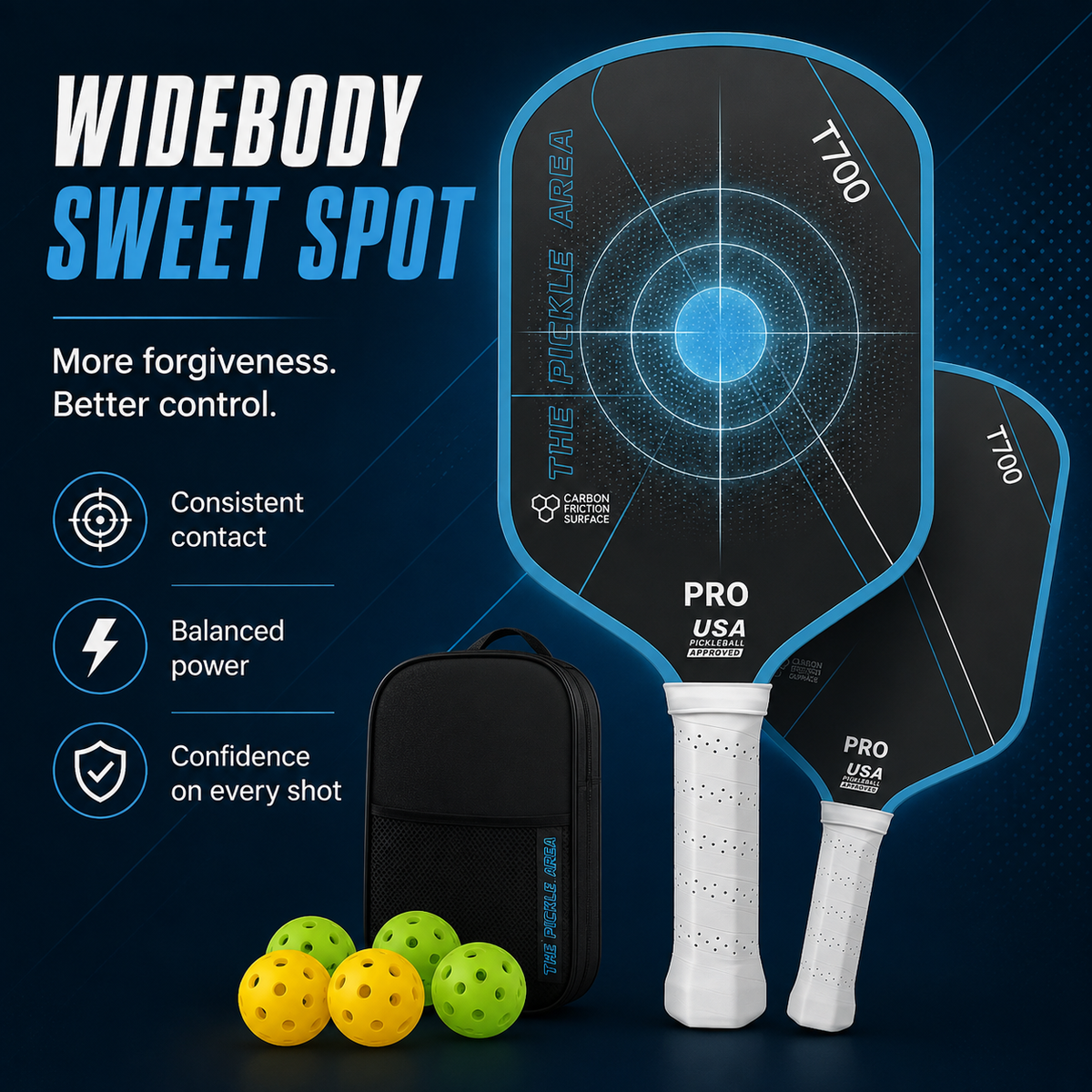 Pickleball Paddles Set of 2, USAP Approved T700 Carbon Fiber Pickleball Rackets with 4 Balls & Carry Bag – Black