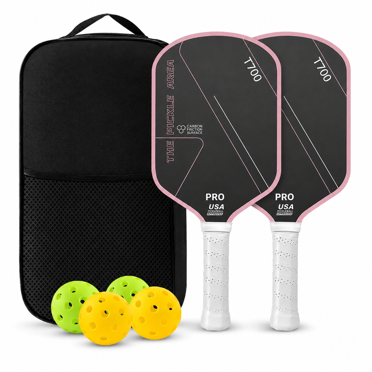 Pickleball Paddles Set of 2, USAP Approved T700 Carbon Fiber Pickleball Rackets with 4 Balls & Carry Bag – Pink