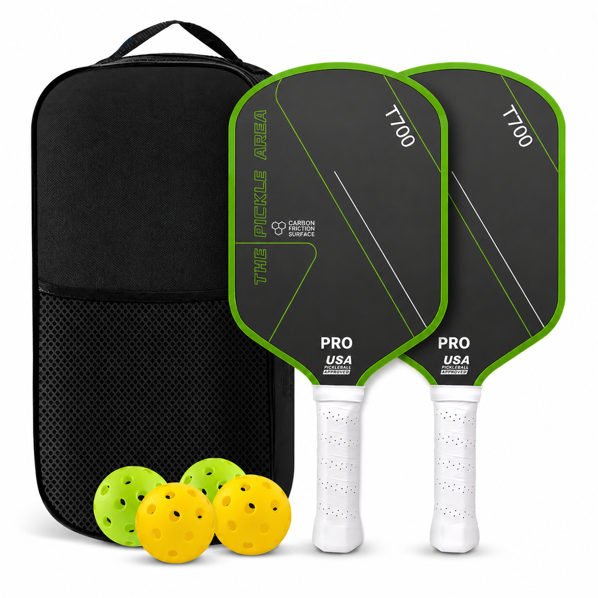 Pickleball Paddles Set of 2, USAP Approved T700 Carbon Fiber Pickleball Rackets with 4 Balls & Carry Bag – Green
