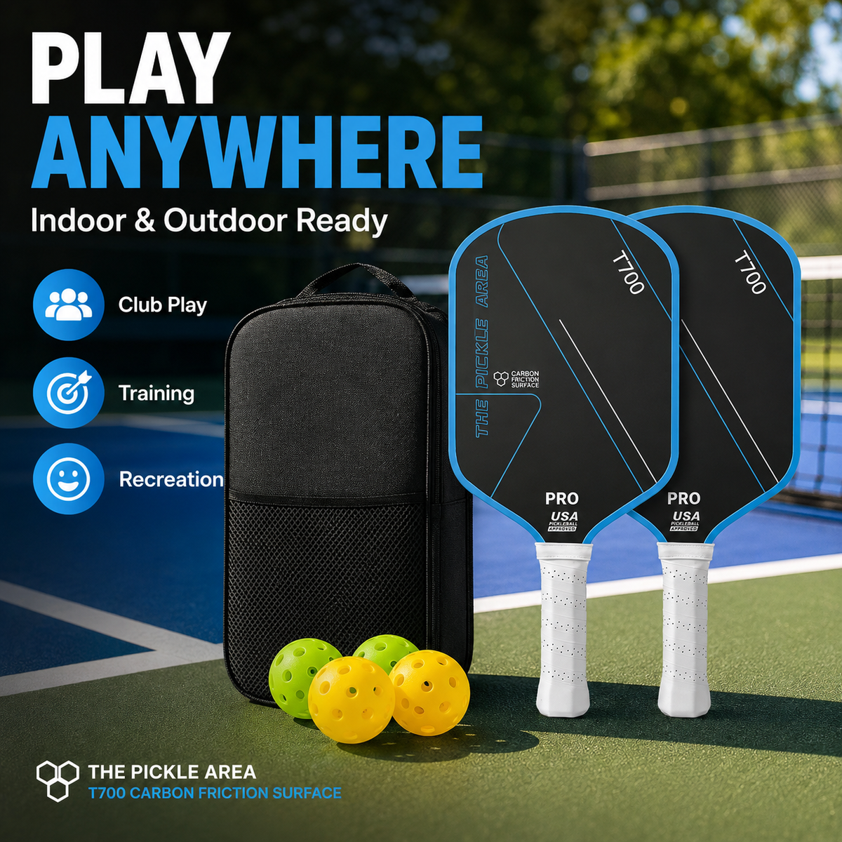Pickleball Paddles Set of 2, USAP Approved T700 Carbon Fiber Pickleball Rackets with 4 Balls & Carry Bag – Green