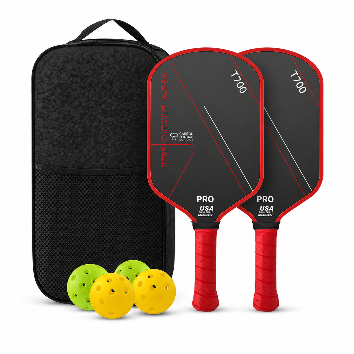 Pickleball Paddles Set of 2, USAP Approved T700 Carbon Fiber Pickleball Rackets with 4 Balls & Carry Bag – Red