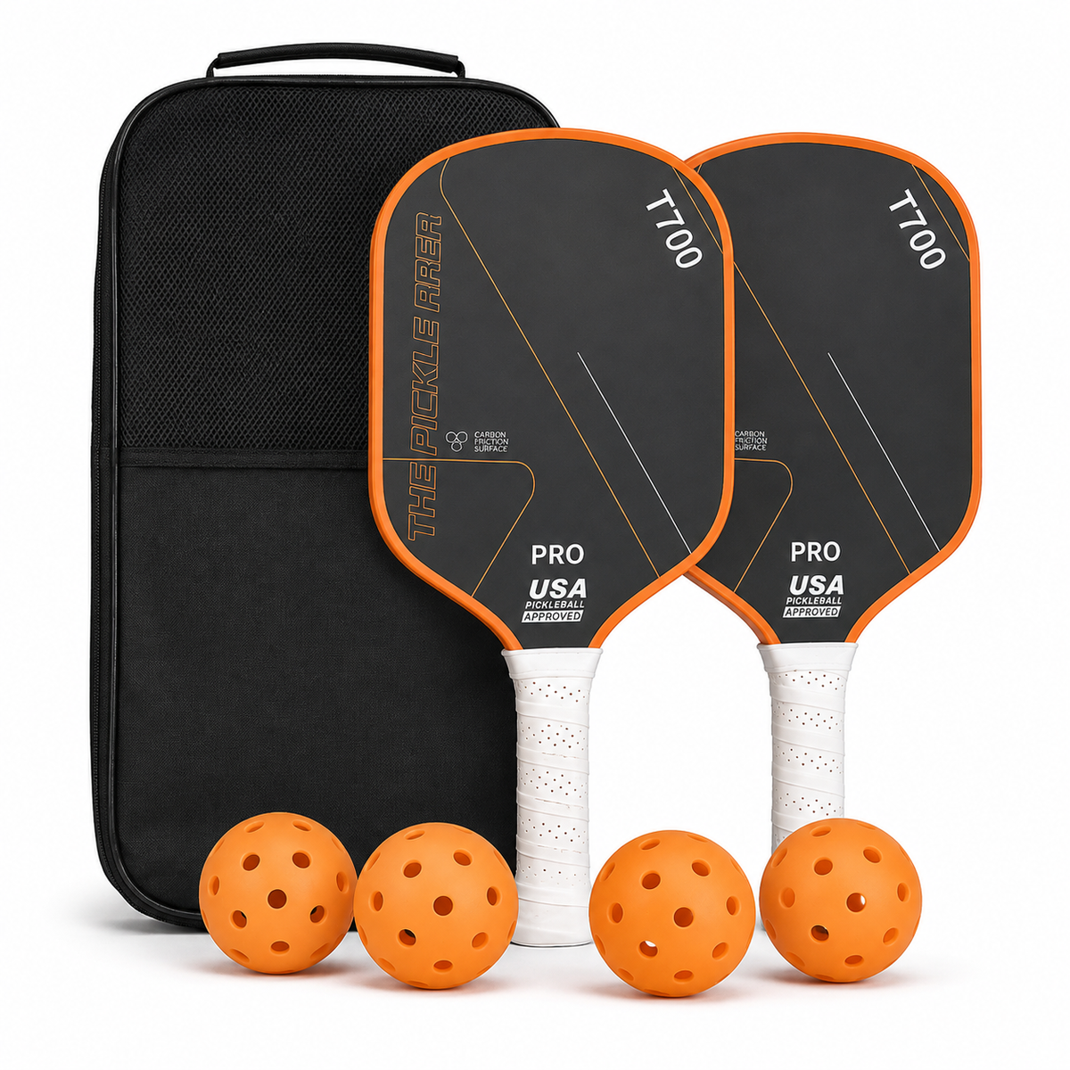 Pickleball Paddles Set of 2, USAP Approved T700 Carbon Fiber Pickleball Rackets with 4 Balls & Carry Bag – Orange