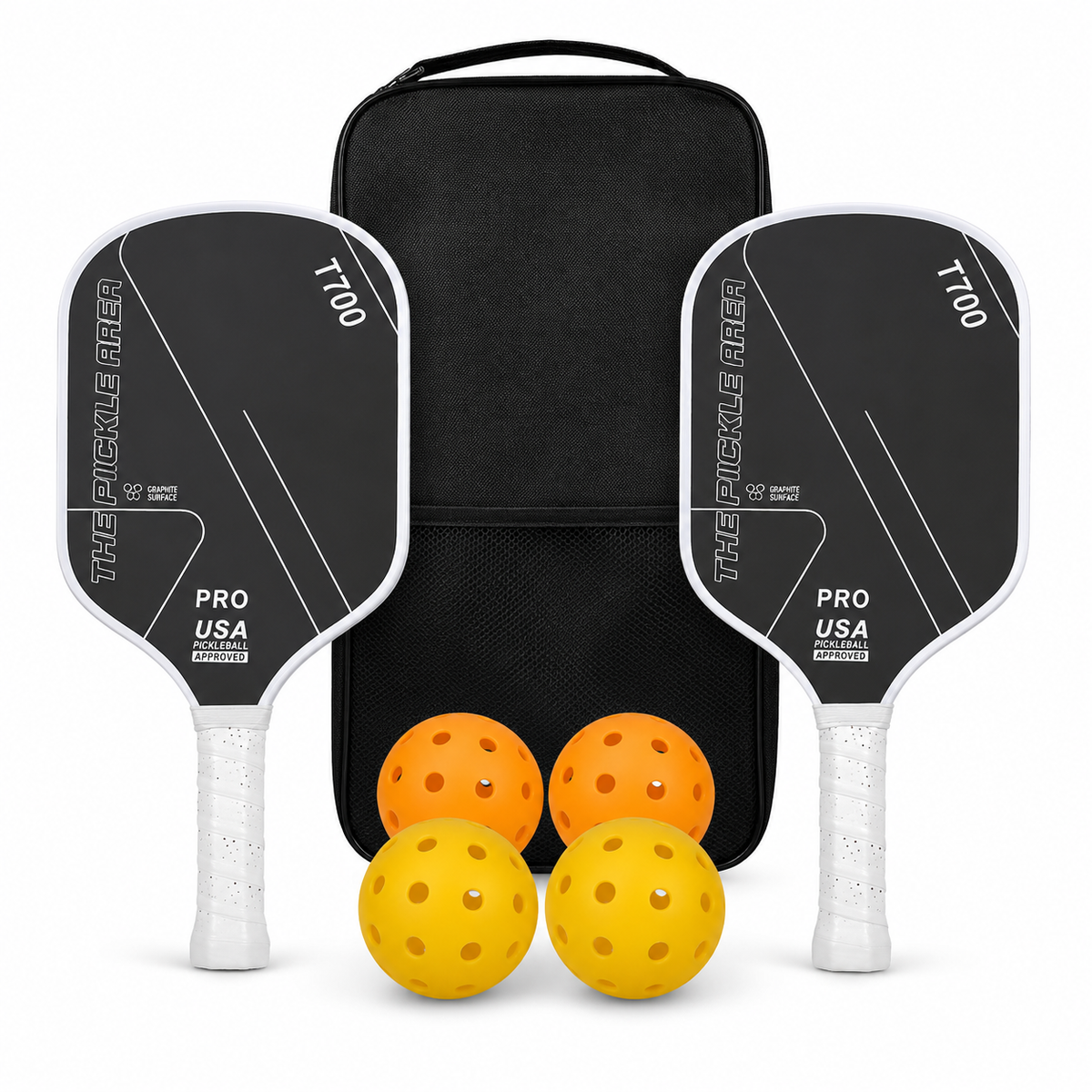 Pickleball Paddles Set of 2, USAP Approved T700 Carbon Fiber Pickleball Rackets with 4 Balls & Carry Bag – White