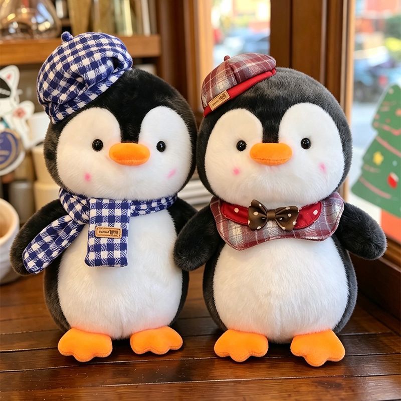 30cm Blue Grid Cute Penguin Plush Toy with Hat, Plush Animal Doll, Cute Penguin Toy, Christmas Gift, Birthday Gift, Home Decoration