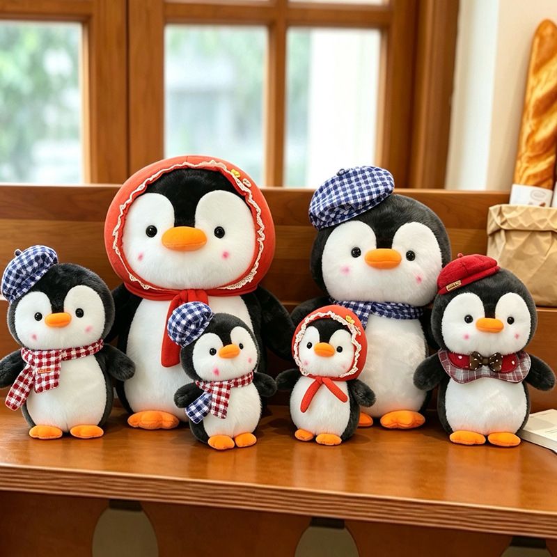 30cm red checkered cute penguin plush toy with hat, plush animal doll, cute penguin toy, Christmas gift, birthday gift, home decoration