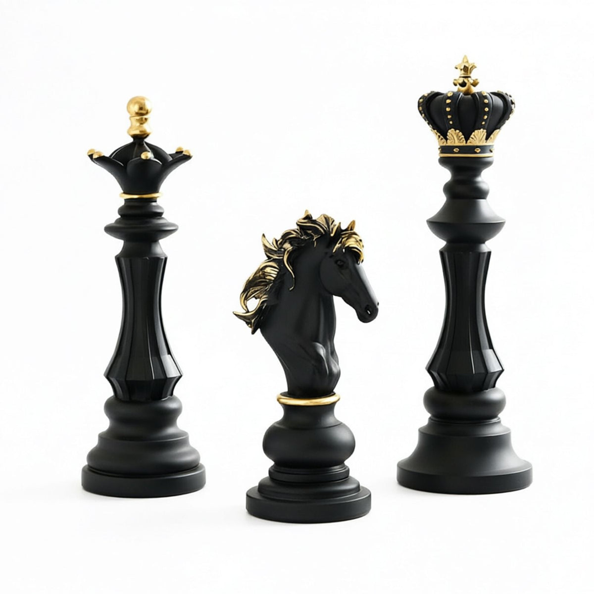 Luxury Resin Chess Piece Statues Set of 3 - King, Queen & Knight Horse Head Sculptures with Gold Trim - Classic Strategy Game Art Decor for Living Room, Study, Office & Bar Cabinet(Black)
