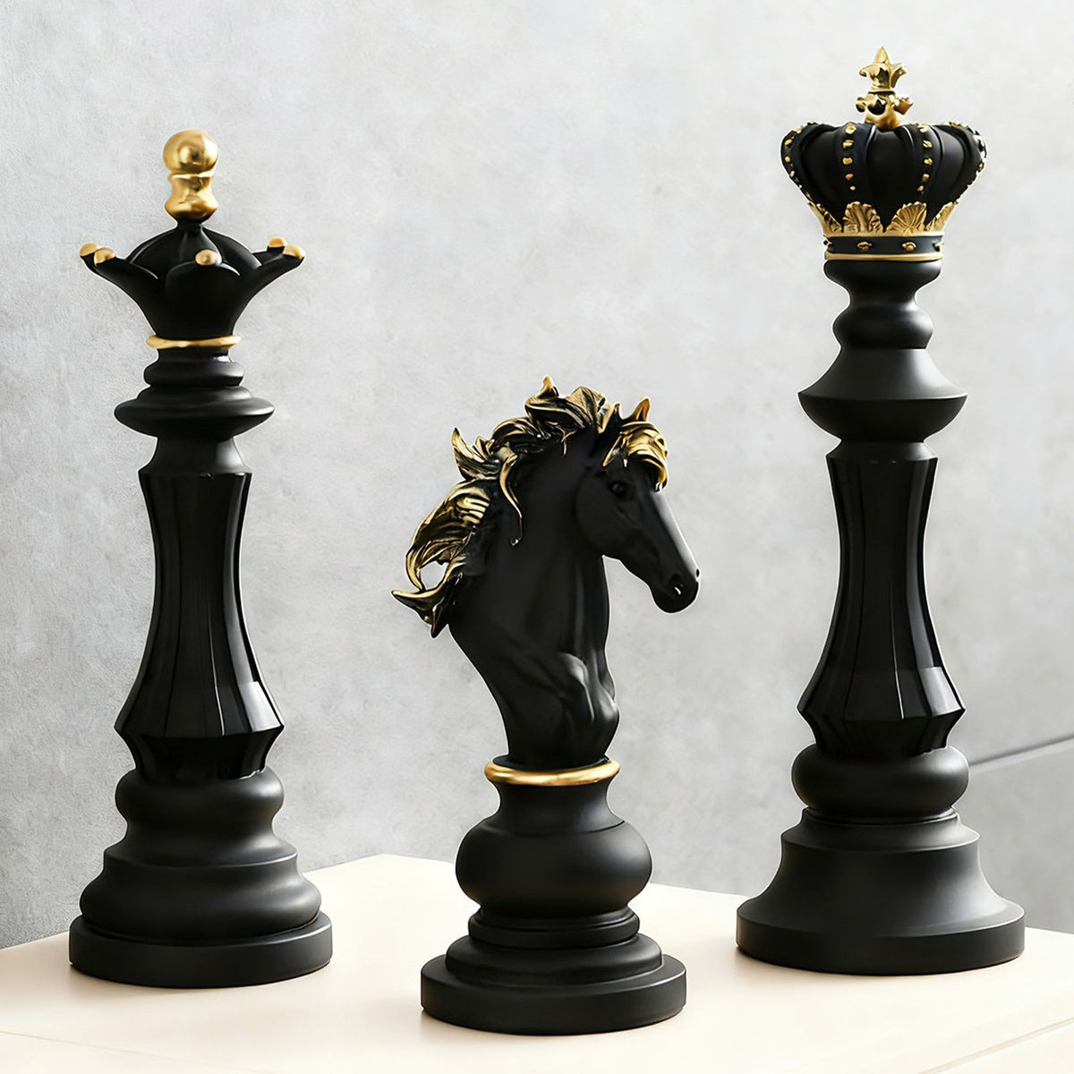 Luxury Resin Chess Piece Statues Set of 3 - King, Queen & Knight Horse Head Sculptures with Gold Trim - Classic Strategy Game Art Decor for Living Room, Study, Office & Bar Cabinet(Black)