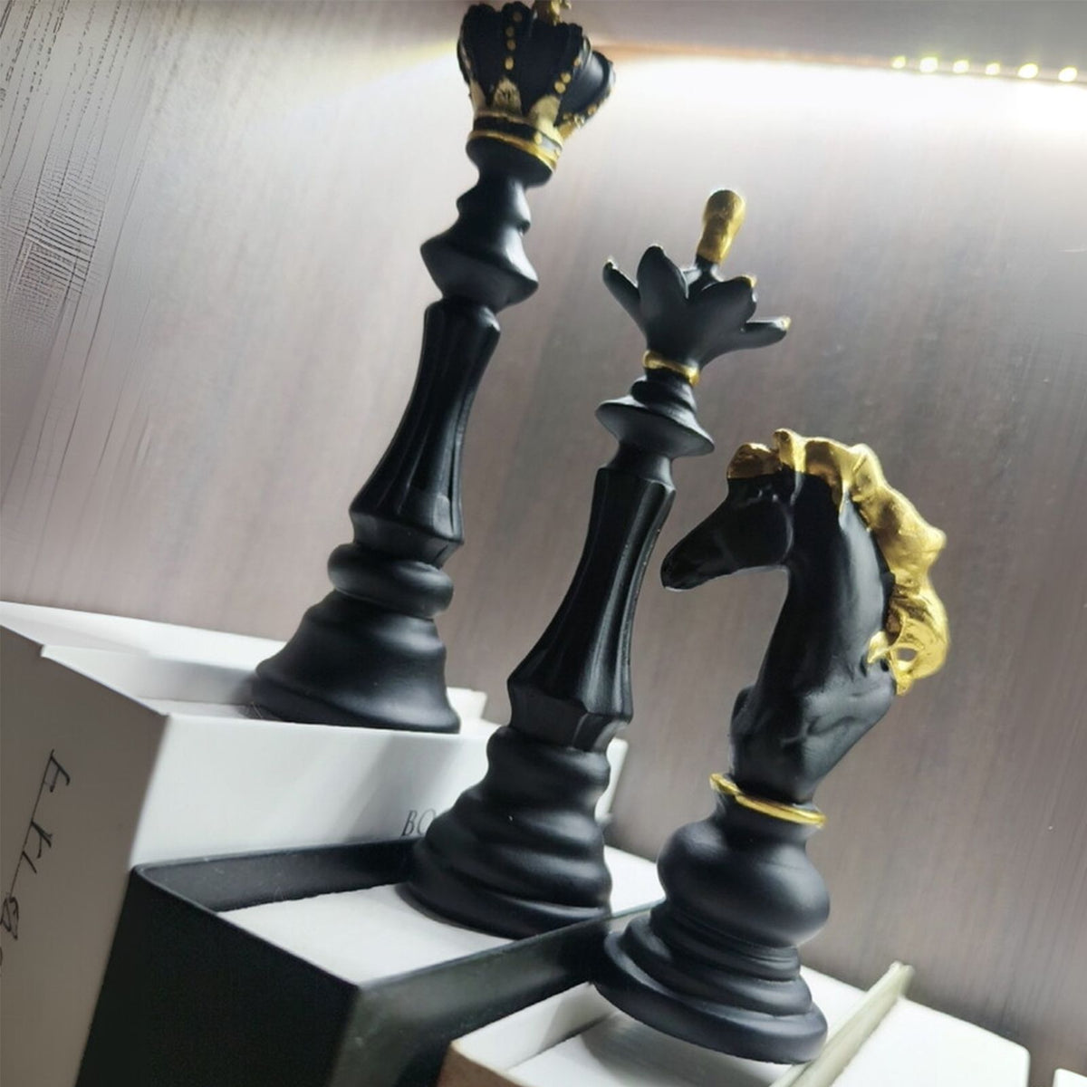 Luxury Resin Chess Piece Statues Set of 3 - King, Queen & Knight Horse Head Sculptures with Gold Trim - Classic Strategy Game Art Decor for Living Room, Study, Office & Bar Cabinet(Black)