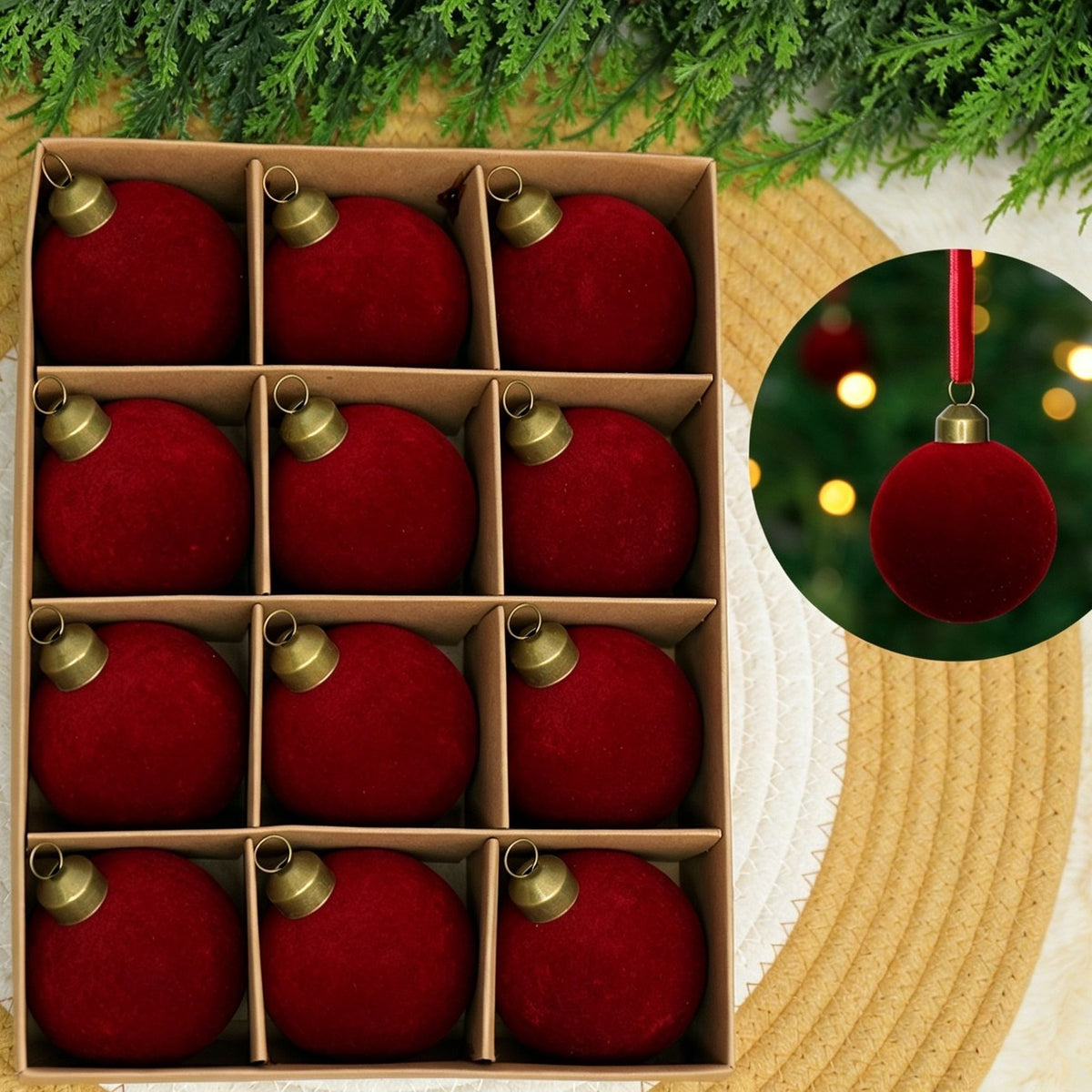 24pk Flocked Xmas Baubles Metal Cap, Burgundy 6cm