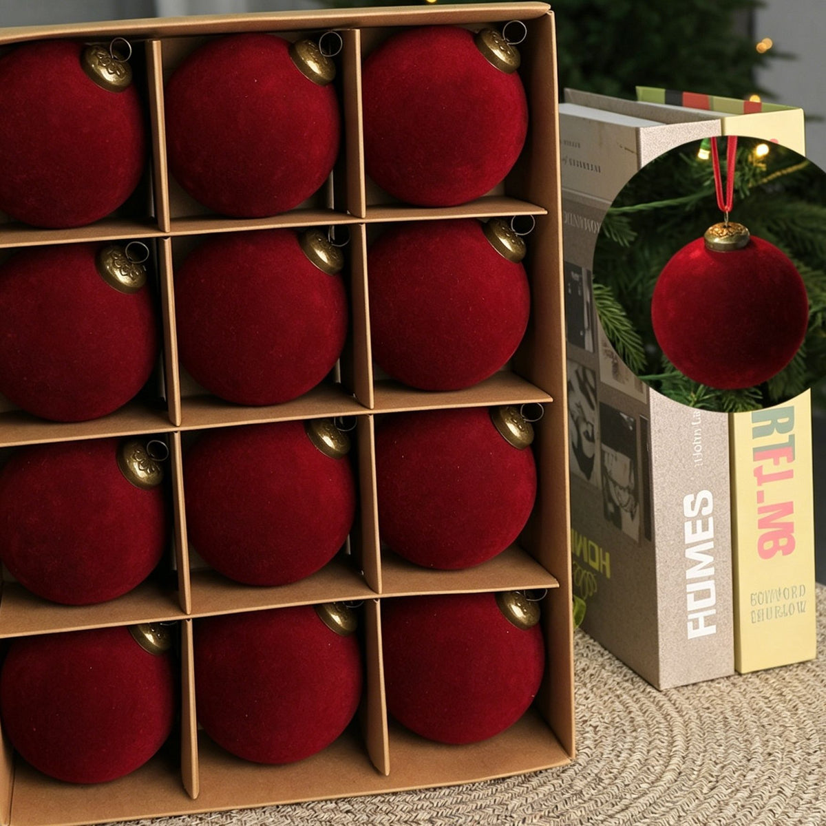 24pk Flocked Xmas Baubles Metal Cap, Burgundy 8cm