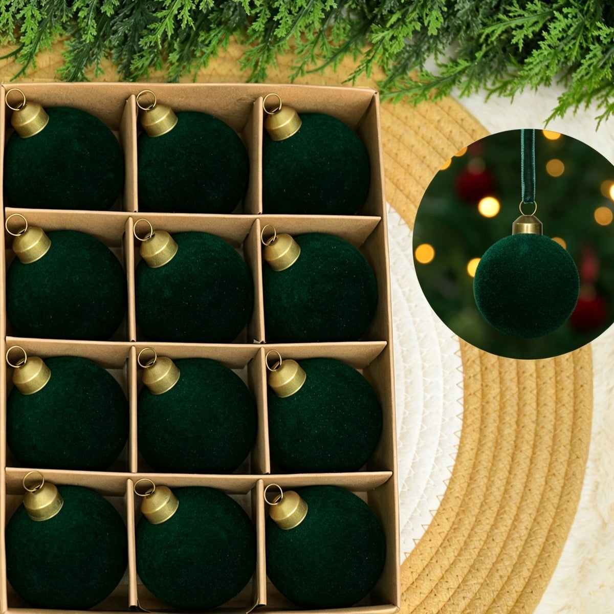 24pk Flocked Xmas Baubles Metal Cap, Dark Green 6cm